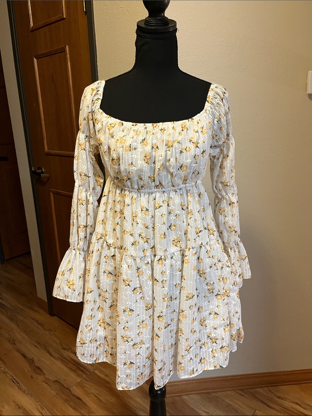 SHEIN White Dress with Yellow Floral Square Neck Long Sleeve